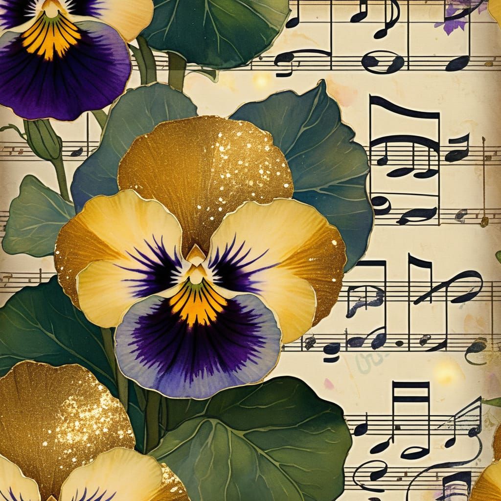 Pansies and Lily Pads in Art Nouveau Style