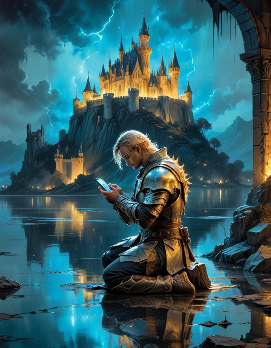 Paladin Bowing Before a Digital Castle in Ink Style