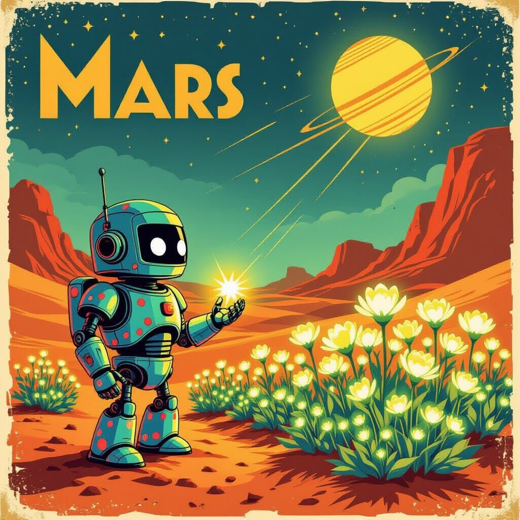 Vintage Robot Protects Martian Garden in Art Deco Poster