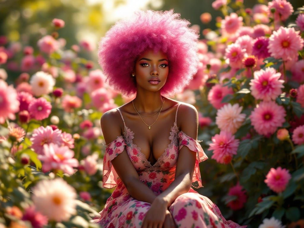 Surreal Floral Goddess in Neon Pink Afro and Vibrant Dahlias