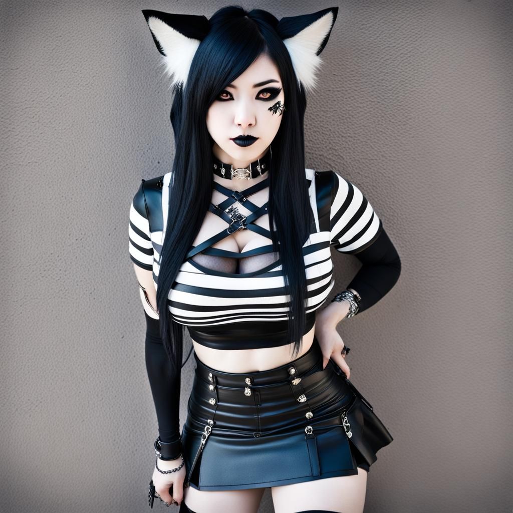 Emo Kitsune Girl with Black and White Hair