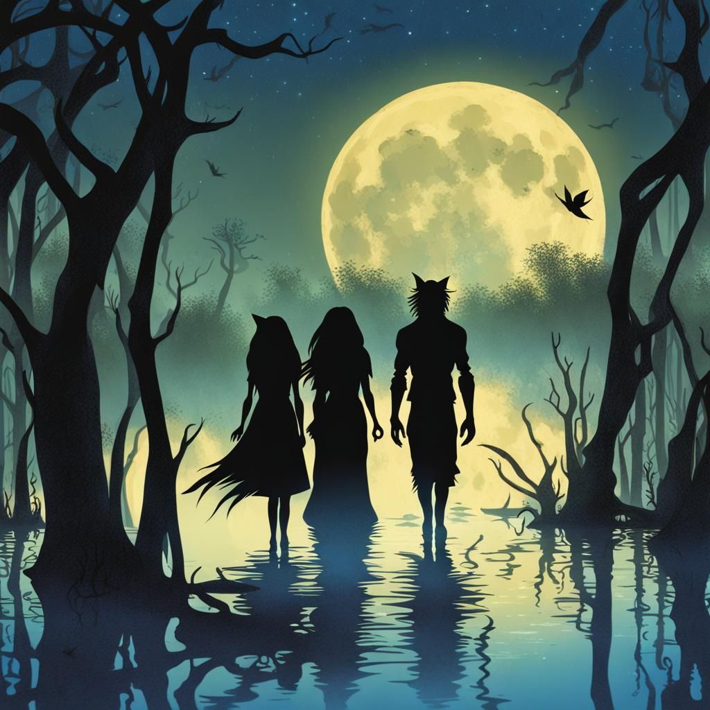 Witch and Werewolf Book Cover in Mangrove Swamp