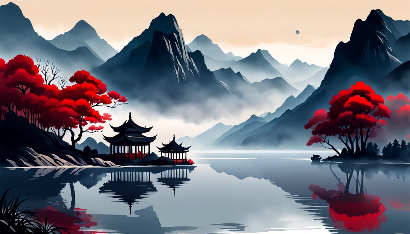 Misty Lake in Chinese Ink Painting