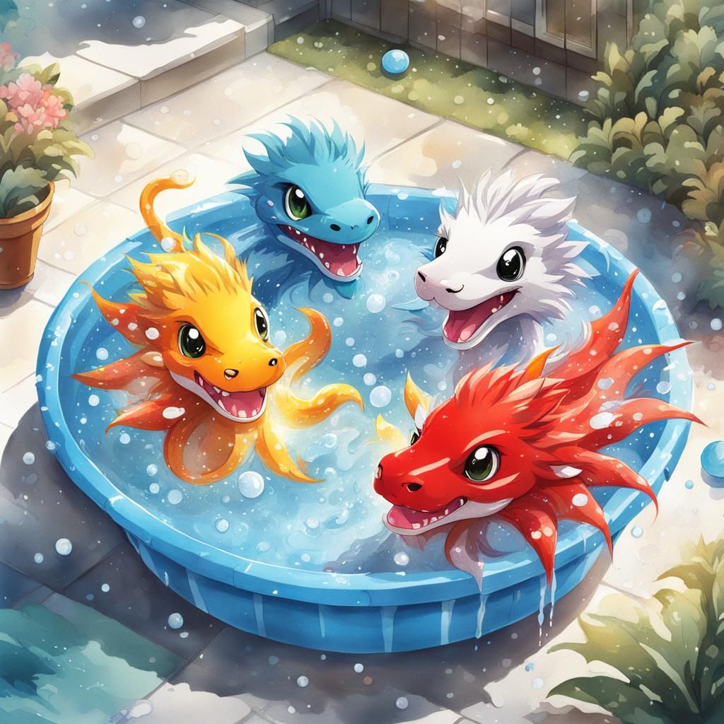 Hydra Pet Plays in Kiddie Pool: Watercolor Illustration