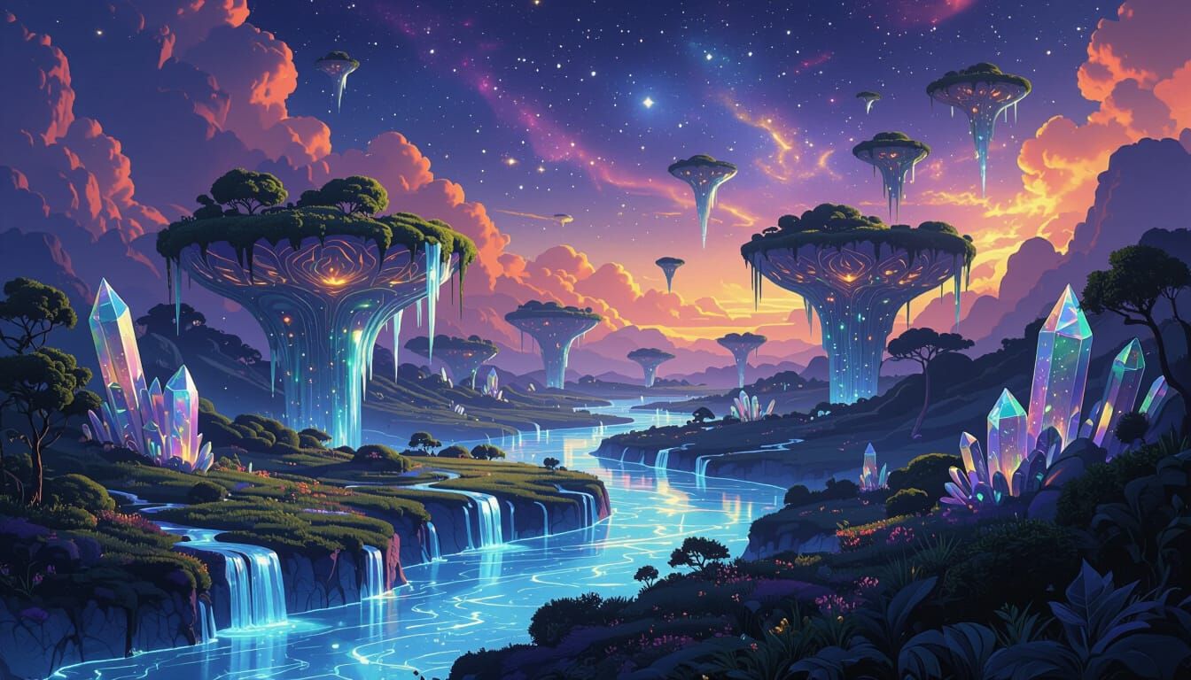 Ethereal Starlight Rivers Flow Through Crystal Valleys