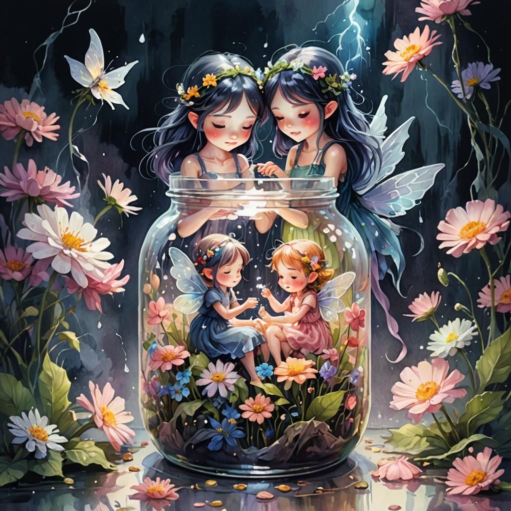 Fairies Fill Jar with Flowers: Mystical Watercolor Art