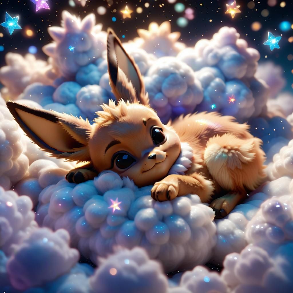 Cute Eevee Sleeping on Fluffy Cloud in Pixar Style