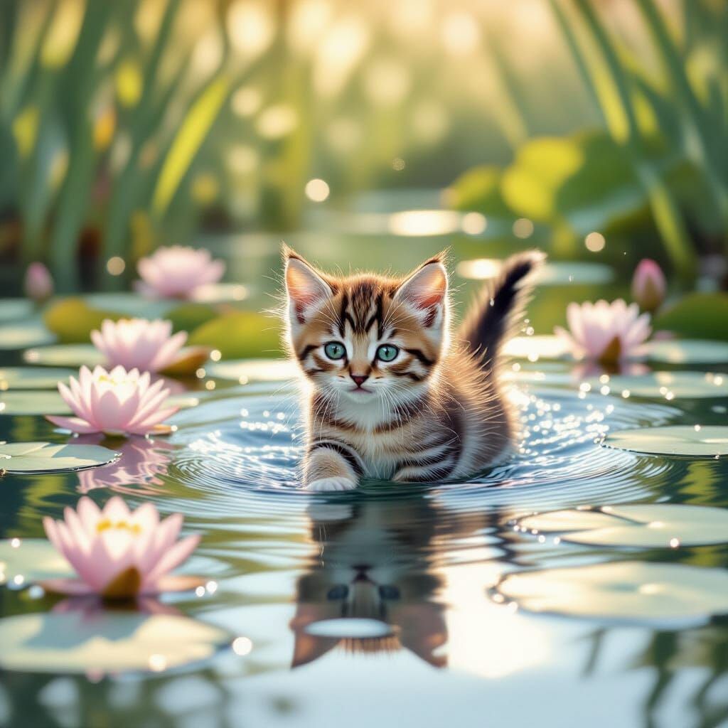 Kitten Splashing in Water Lilies, Impressionist Painting