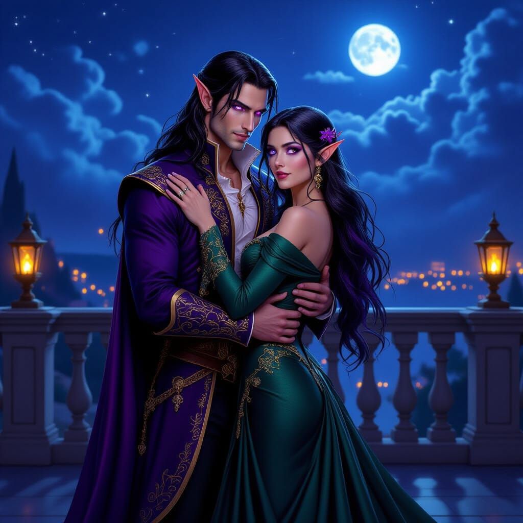 Elf Couple Embrace on Moonlit Ballroom Balcony