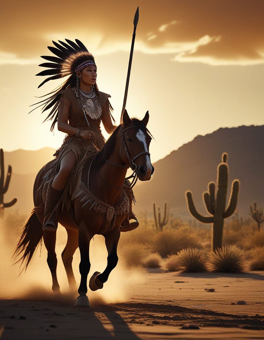 Victorious Native American Woman on Horse in Desert Sunset