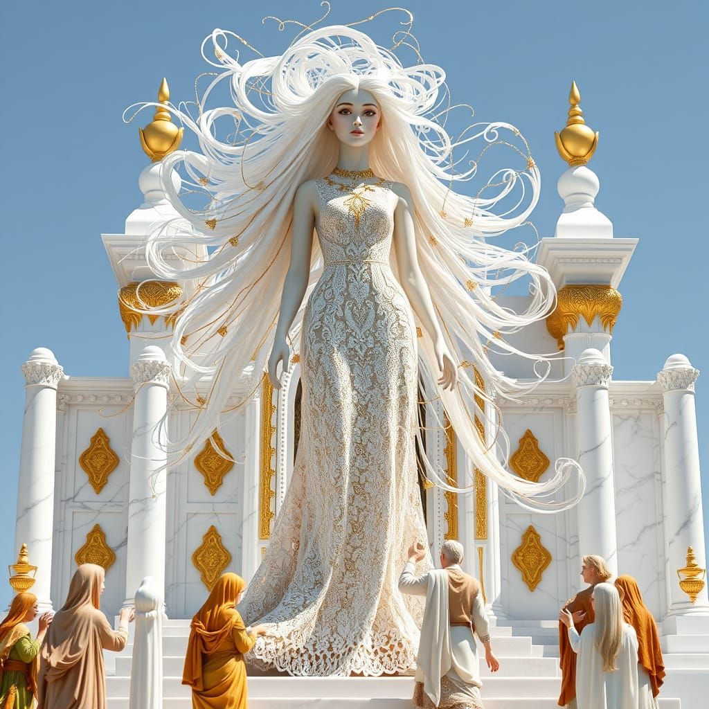 Albino Goddess in White and Gold Wire Art