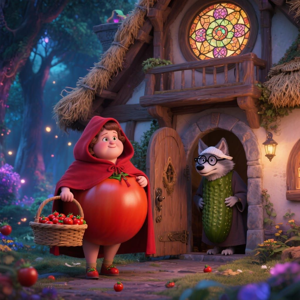 Tomato Hood and Grandma Pickle in Veggie Tales Style