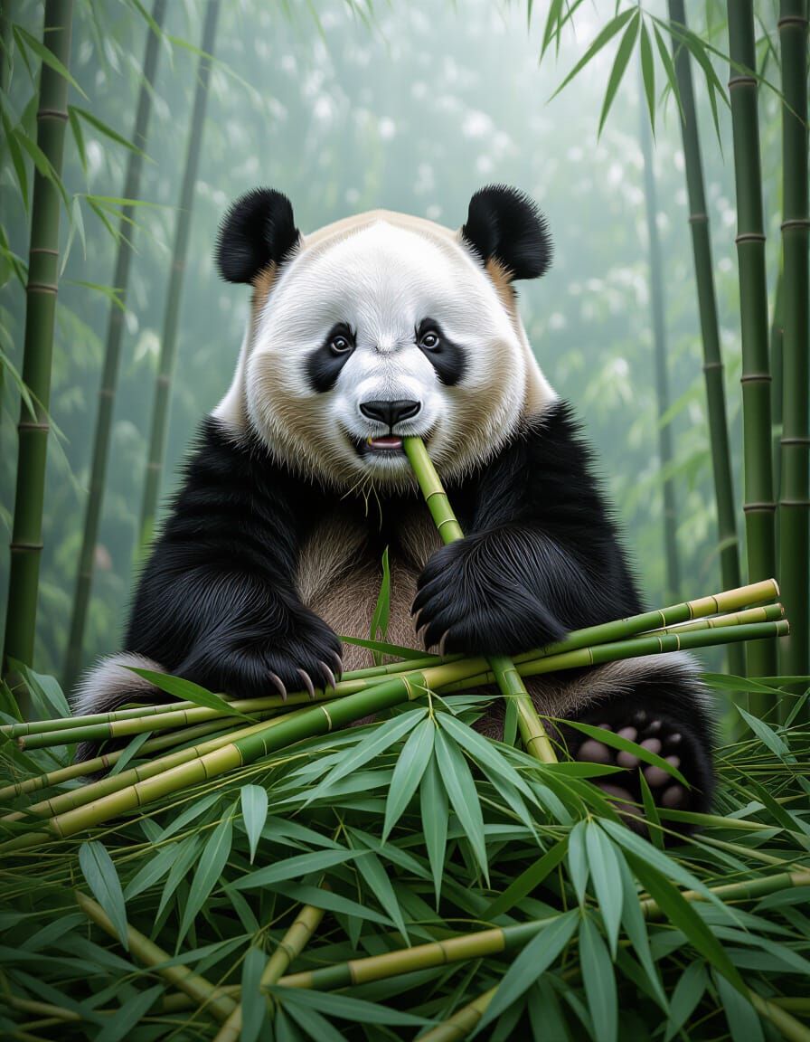Panda Crunching Bamboo in Misty Forest, Realistic Photo