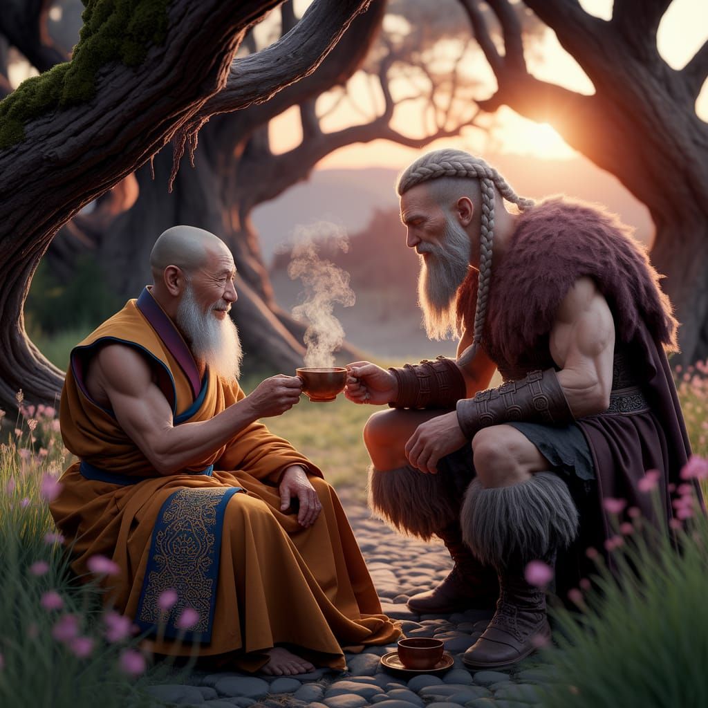 Tibetan Monk and Viking Share Tea in Golden Sunset