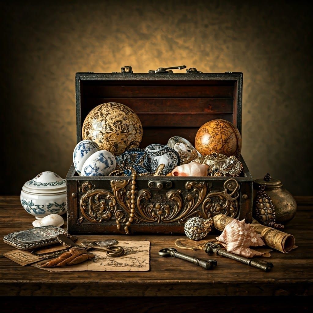 Baroque Treasure Chest Still Life in Golden Light