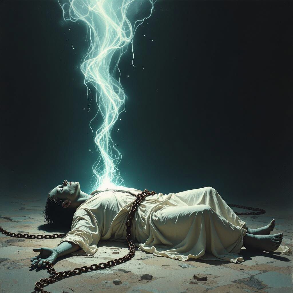 Ethereal Soul Escapes Motionless Body in Dark Matte Painting