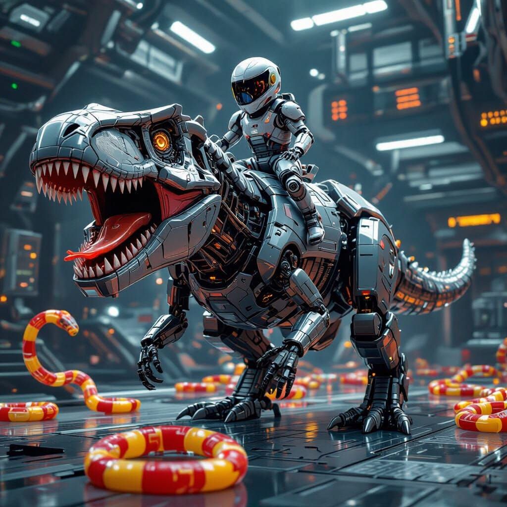 Mechanical Kid Rides T-Rex in Futuristic Mecca