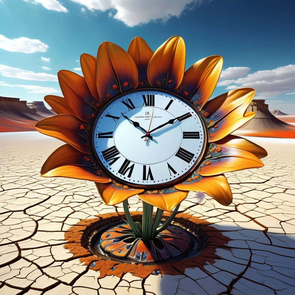 Surrealism. Close-up shot. A clock melting over a giant, cry...