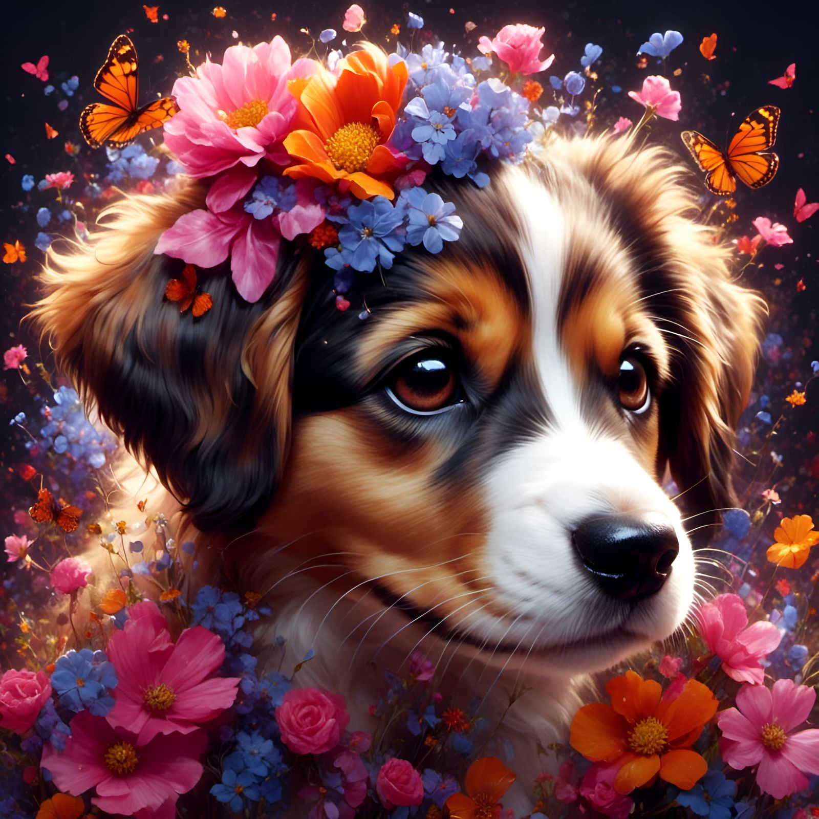 Adorable Puppy Portrait with Flowers in Digital Art Style