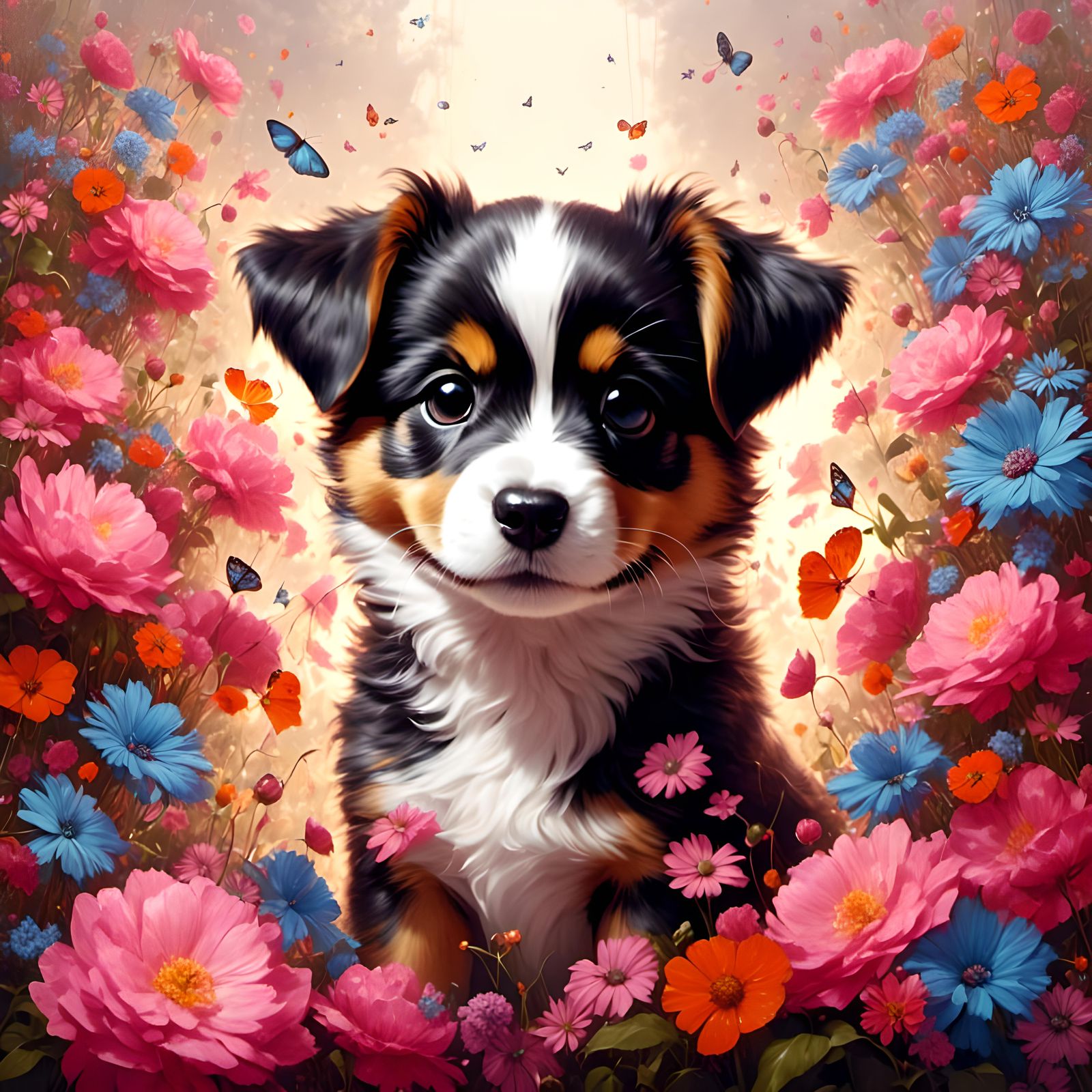 Adorable Puppy Portrait Covered in Flowers