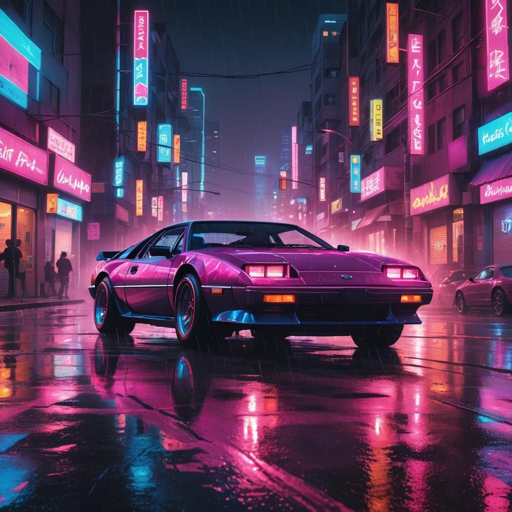 Synthwave Sports Car in Neon-Lit 80s Nightscape
