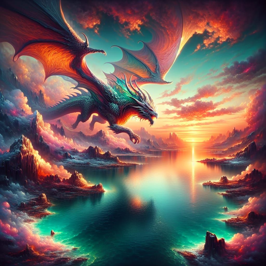 Dragon Soaring Over Dawn Seascape: Detailed Matte Painting
