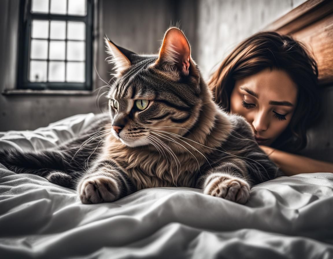 Girl and Cat Sleeping: Hyperrealistic Image