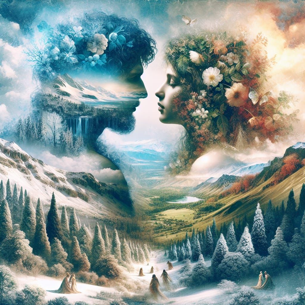 Winter Man and Spring Woman Double Exposure Portrait