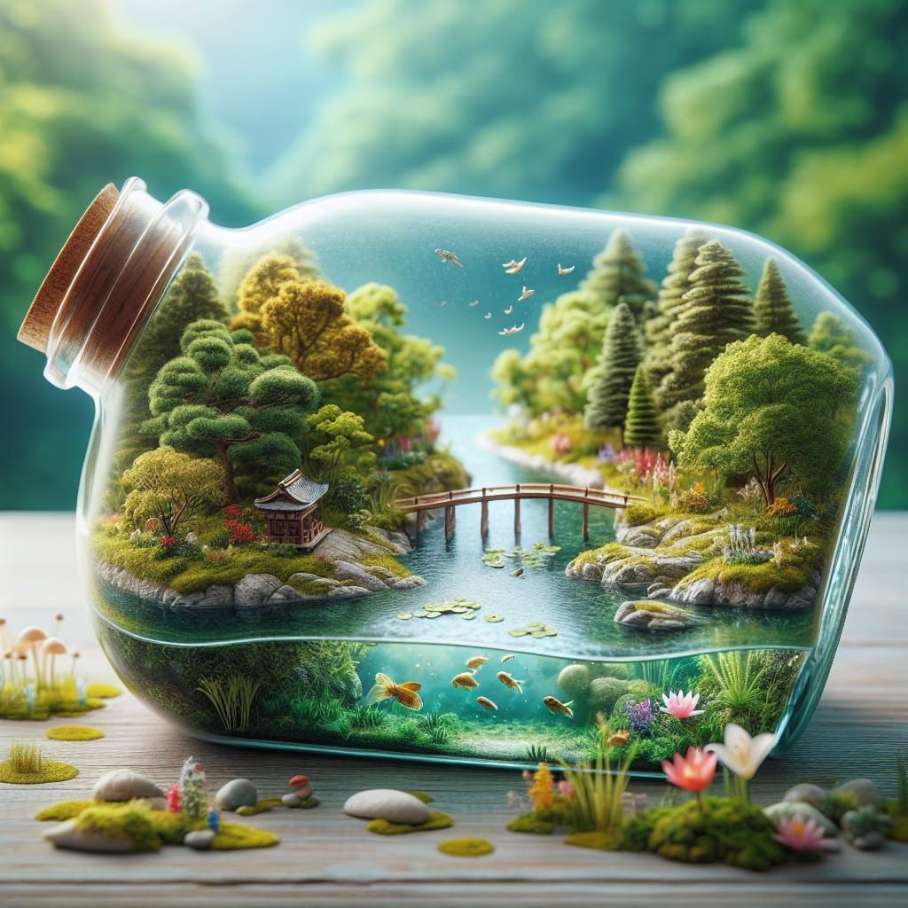 Miniature River Landscape Inside Glass Bottle