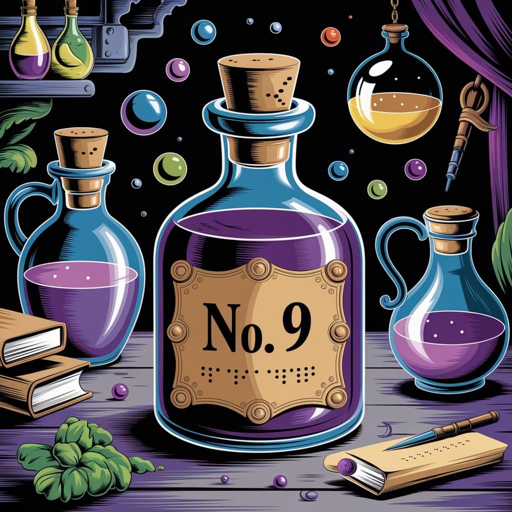 Whimsical Apothecary Scene: Enchanted Potion Bottle