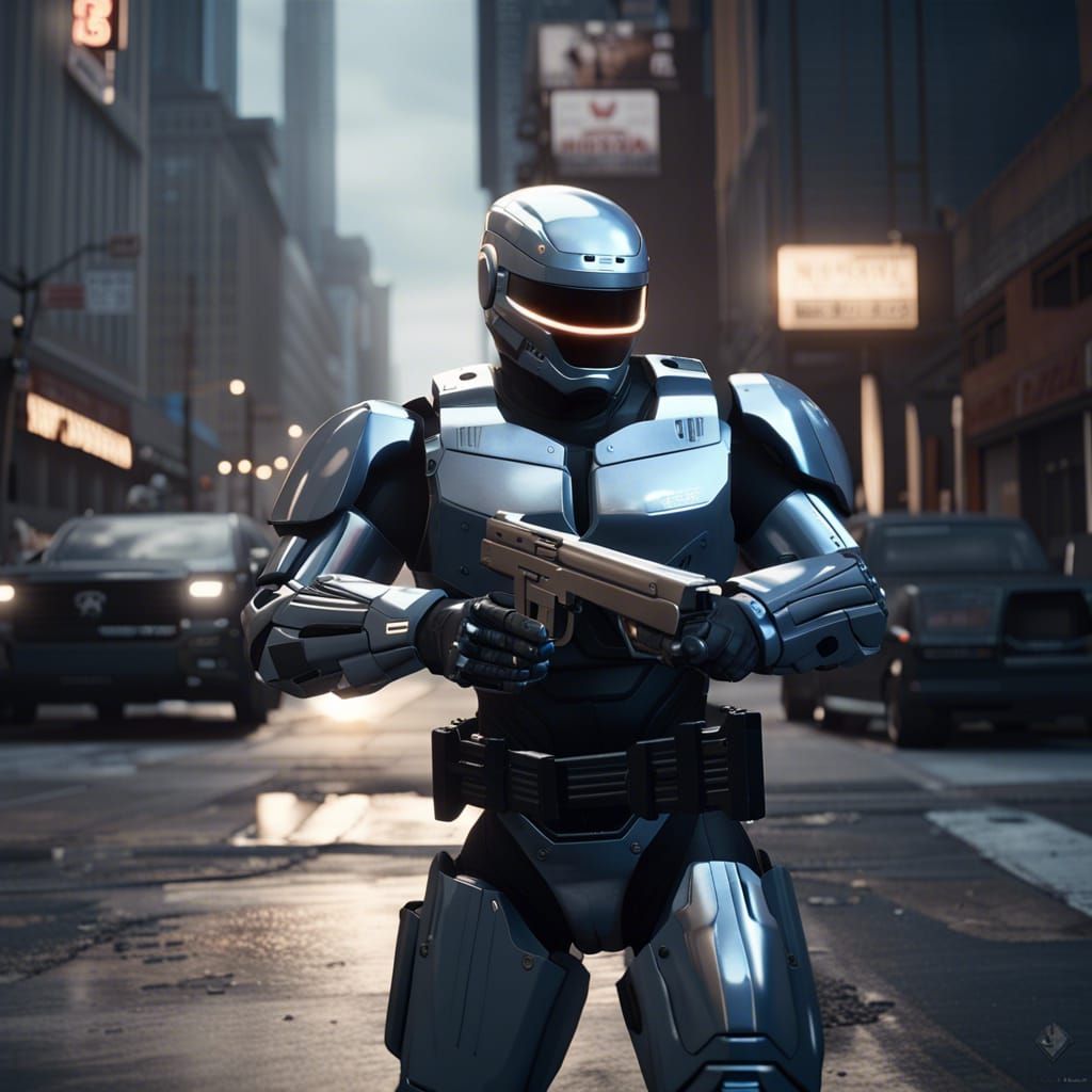 Robocop Confronts Thugs: 3D Game Cinematic Scene