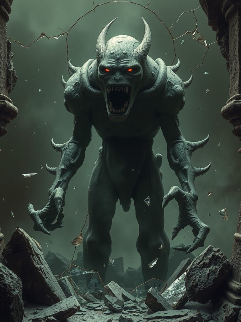 Menacing Stone Golem in Dark, Symbolic Style