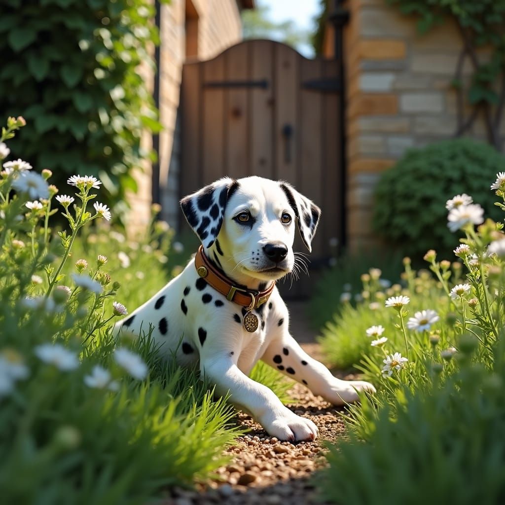 Dalmatian Puppy Plays in Hedge, Cinematic Photography