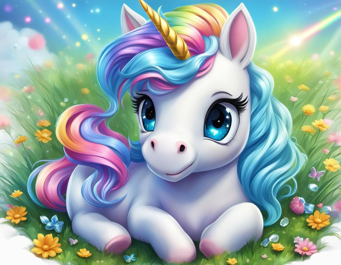 Chibi Rainbow Unicorn in Palace Garden: Digital Art
