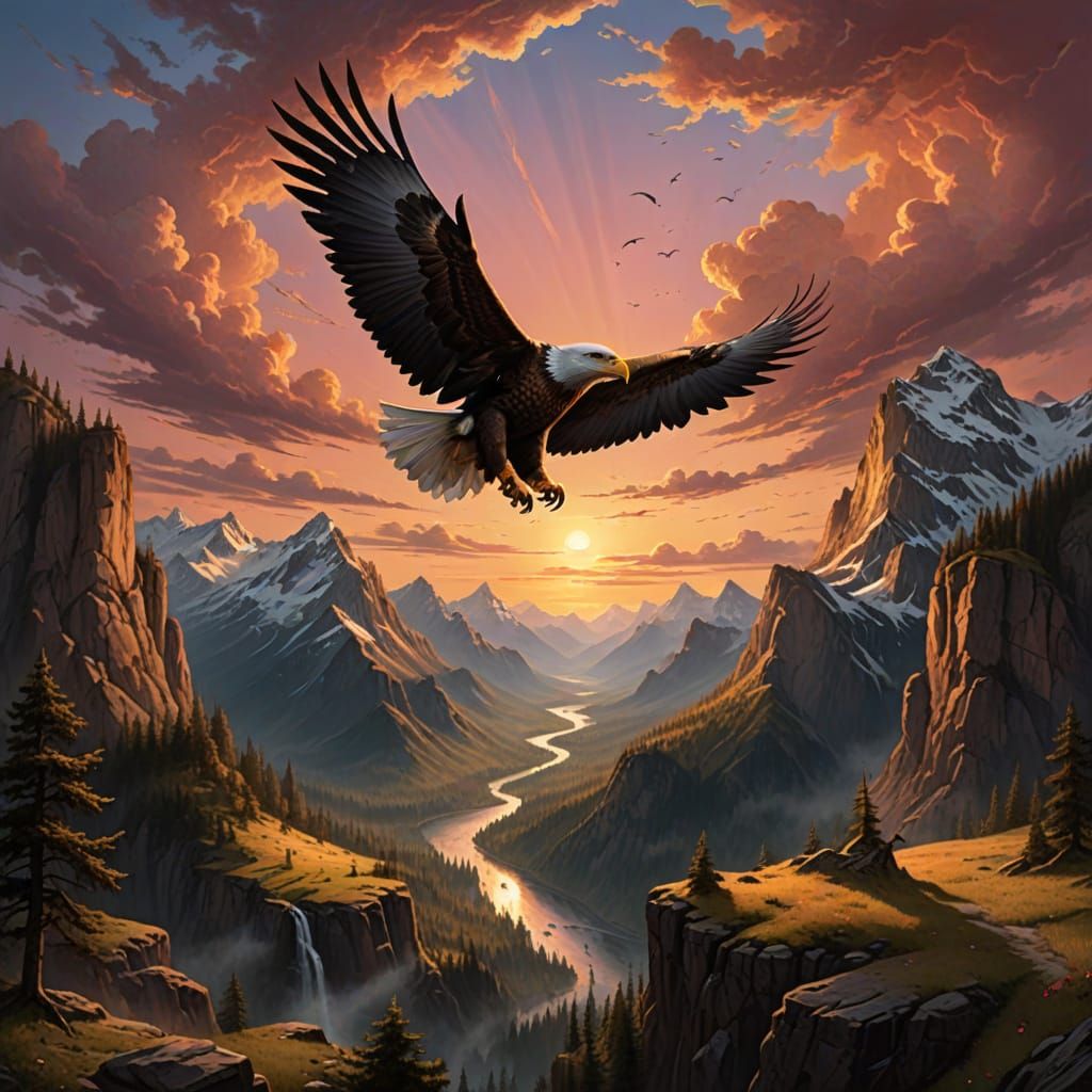 Majestic Eagle Soars Through Twilight Sky in Romanticism Sty...