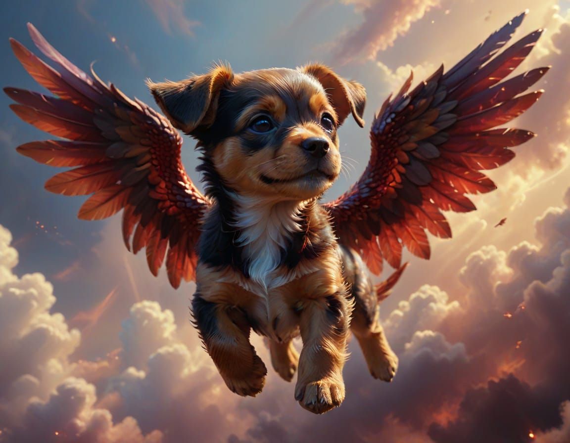 Winged Puppy with Red Scales in High Fantasy Style