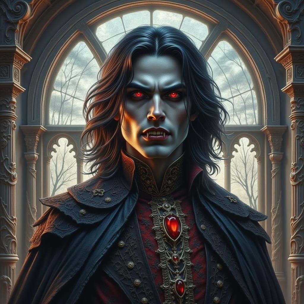 Gothic Vampire Portrait with Red Eyes and Fangs