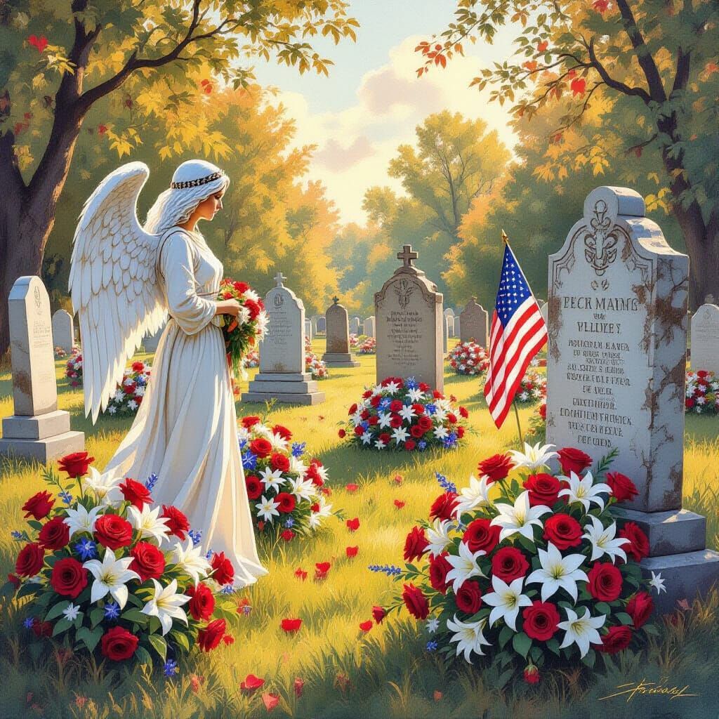 Memorial Graveyard Honoring Soldiers with Angelic Guard