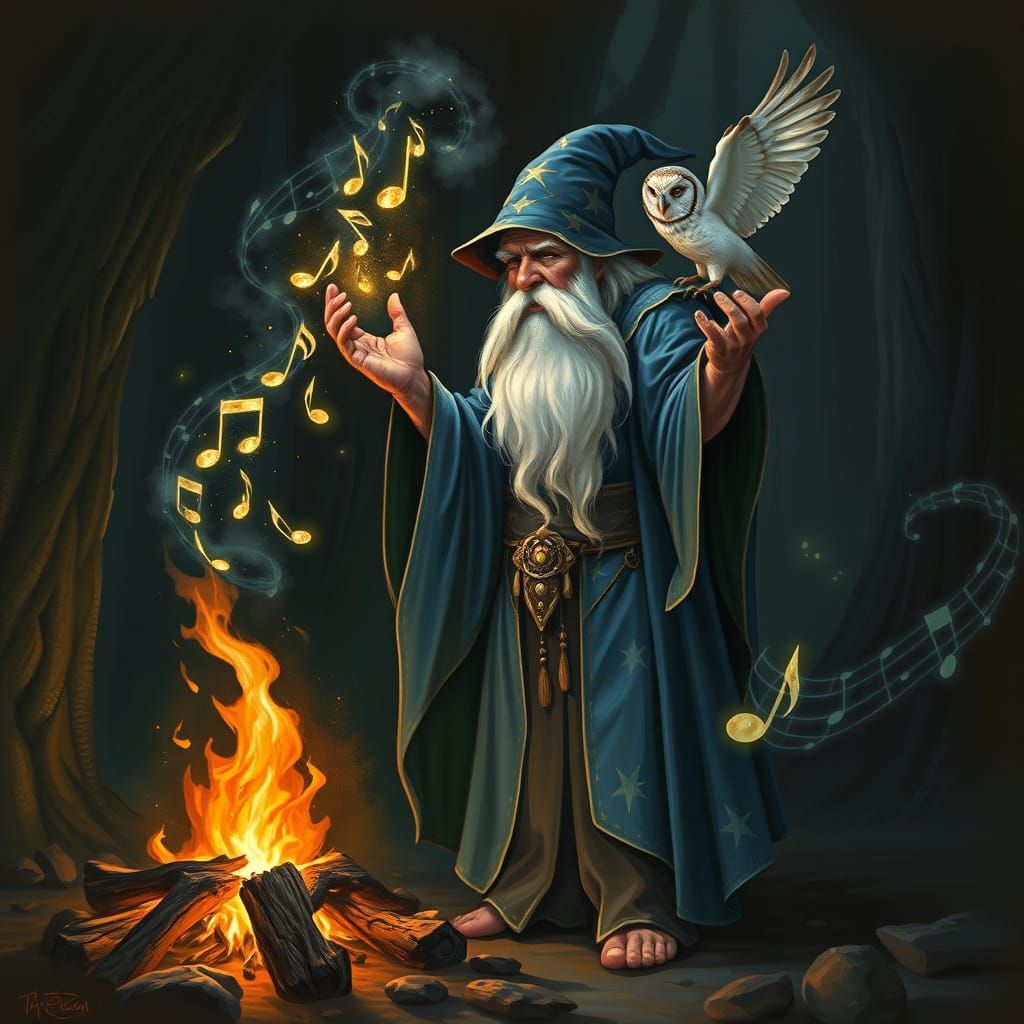 Wizard Weaving Music Magic by Bonfire in Dark Forest