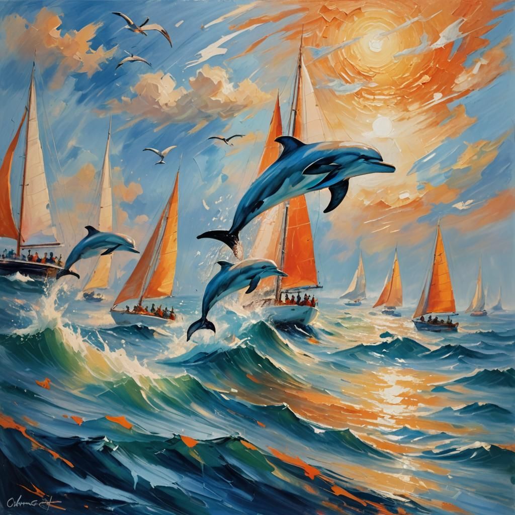 Sailboat and Dolphins in Abstract Expressionist Oil Painting