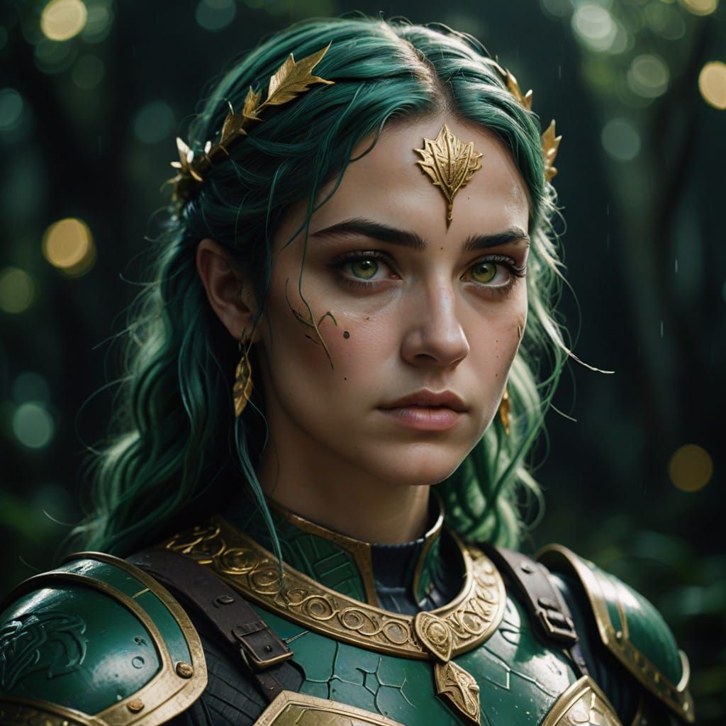 Hyperrealistic Greek Naiad Supervillain in Ancient Armor