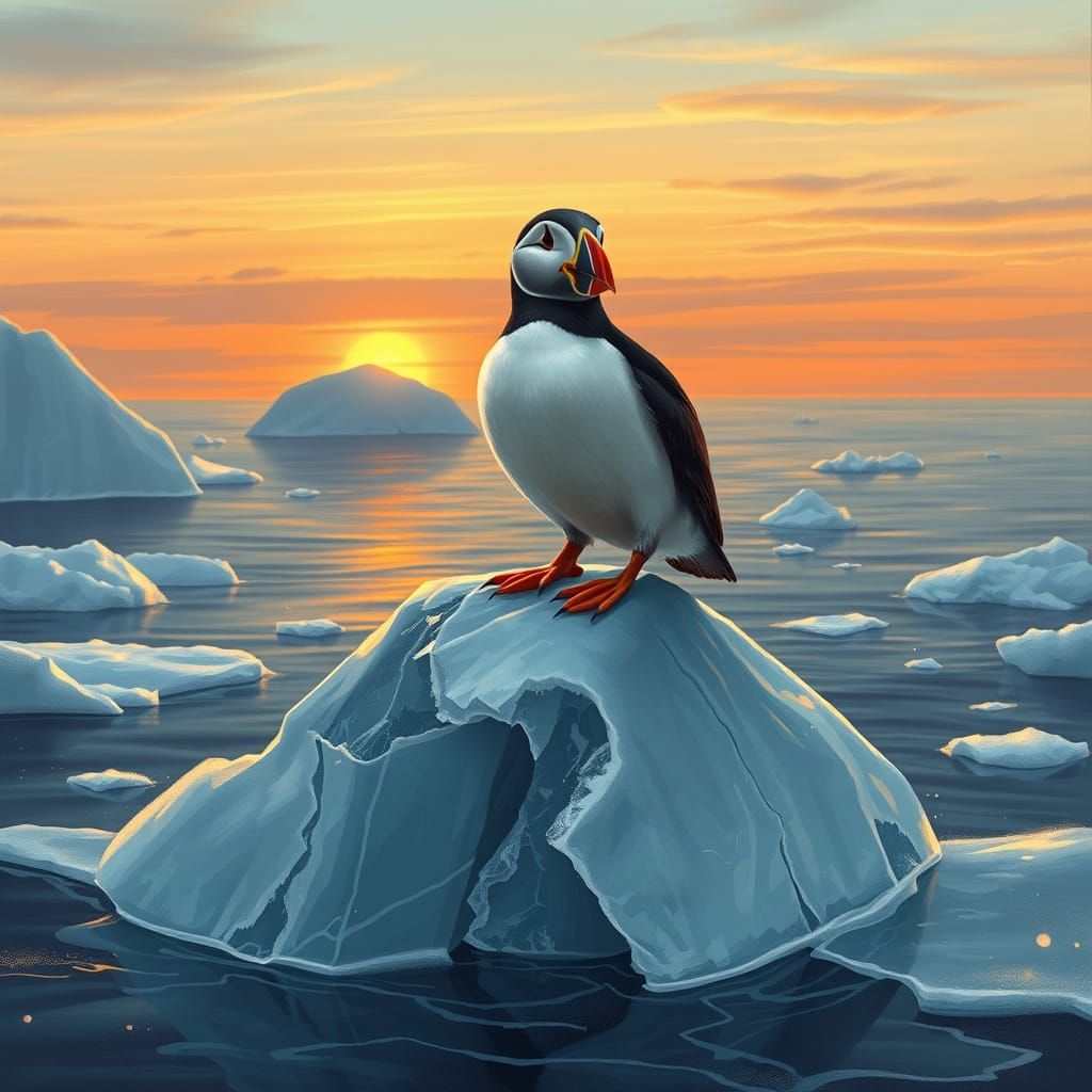 Puffin on Melting Iceberg in Painterly Style