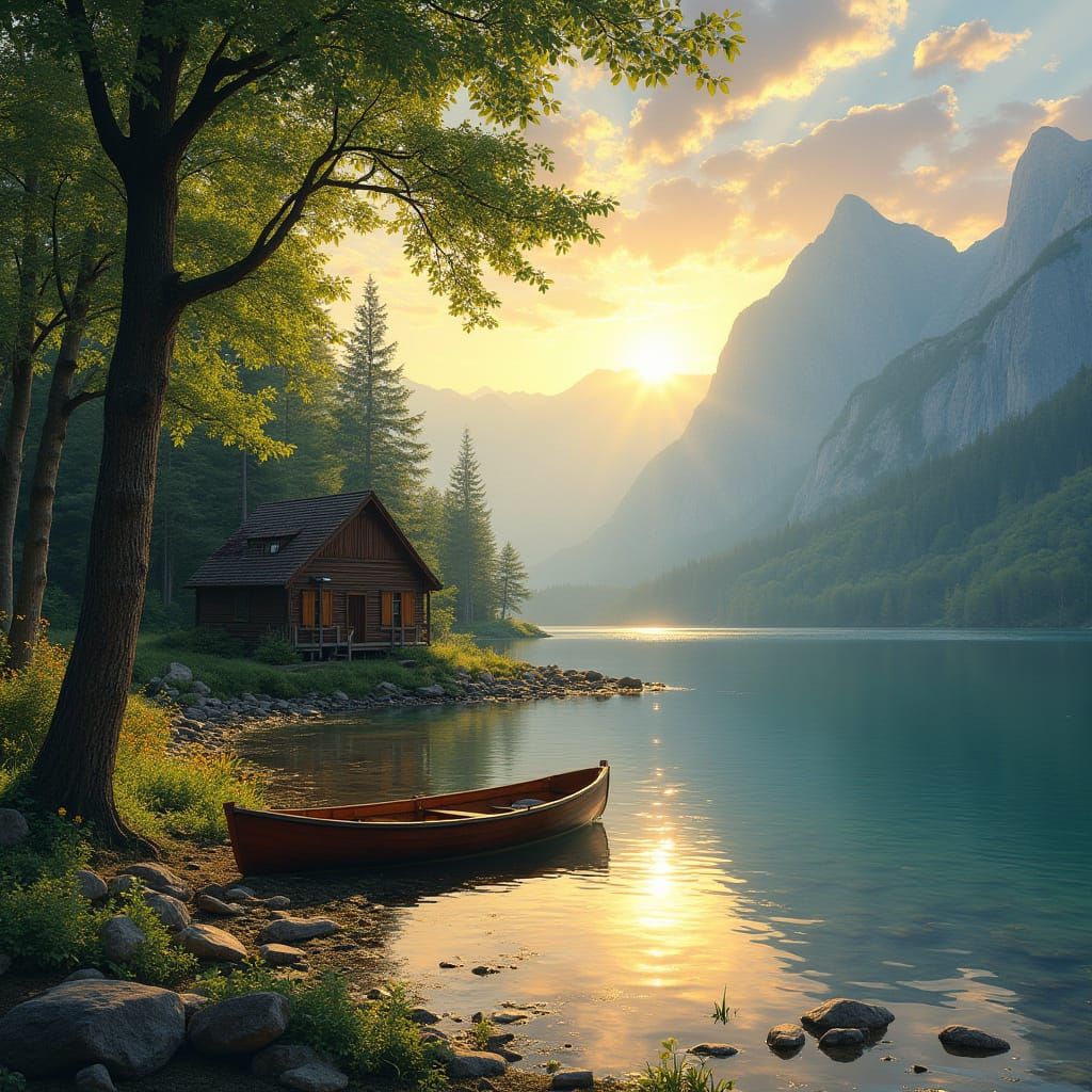 Lakeside Cabin at Sunrise, Mountain Reflections in Serene Su...