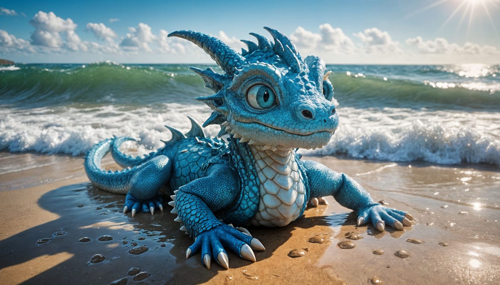 Small Dragon Emerges onto Serene Beach