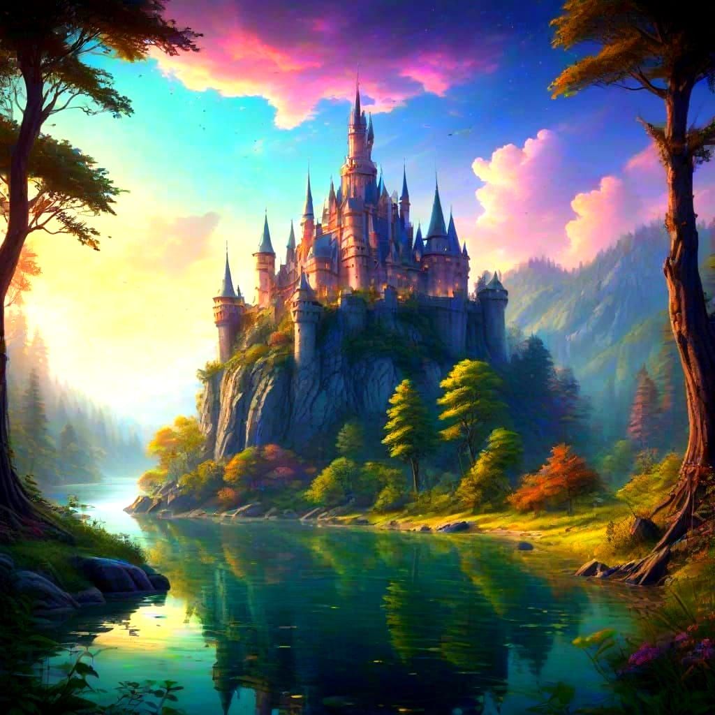 Mystical Fairy Forest with Castle in Oil Painting Style