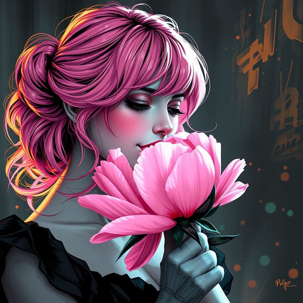 Vibrant Pink Haired Woman Admires a Peony in Intricately Det...