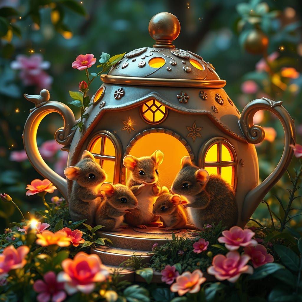 Mouse Family in Teapot House: Fantasy Art