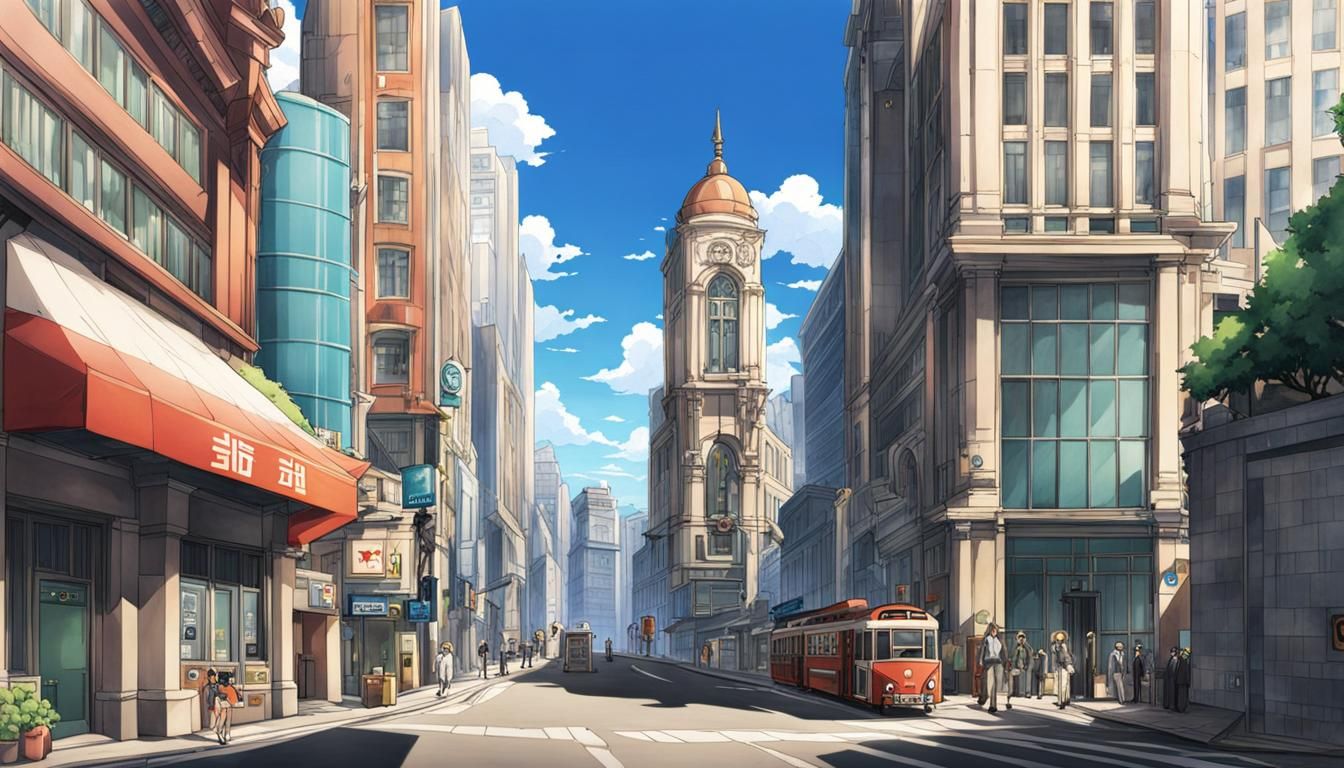 Anime-Style Street Scene Outside a Bank