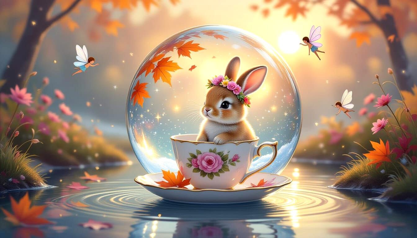Whimsical Bunny in Snow Globe with Autumn Leaves, Impression...