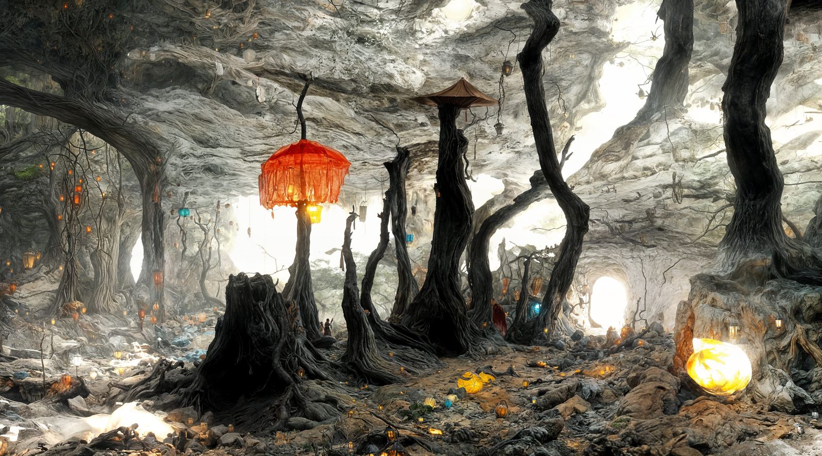 Mysterious Underground Cave with Lanterns and Roots